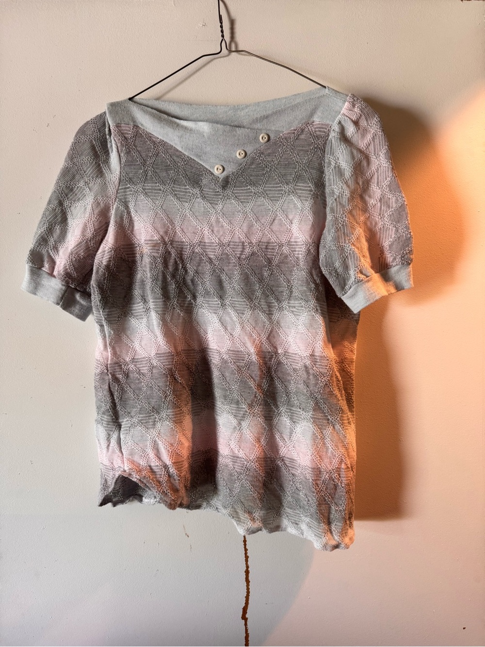Striped Short-Sleeve Knit Top in Pink and Gray
